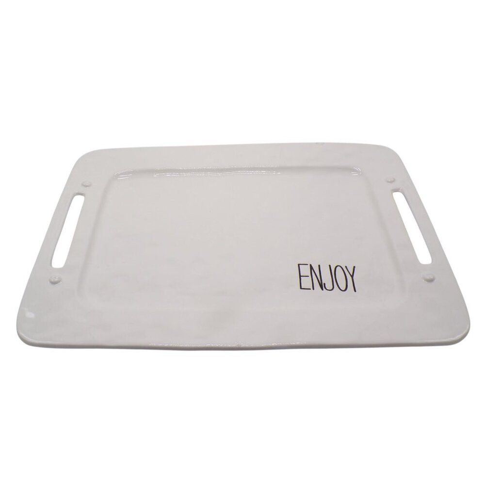 Pier 1 Imports White Dolomite Serving Tray w/Handle Cutouts & ENJOY Text 20" HTF